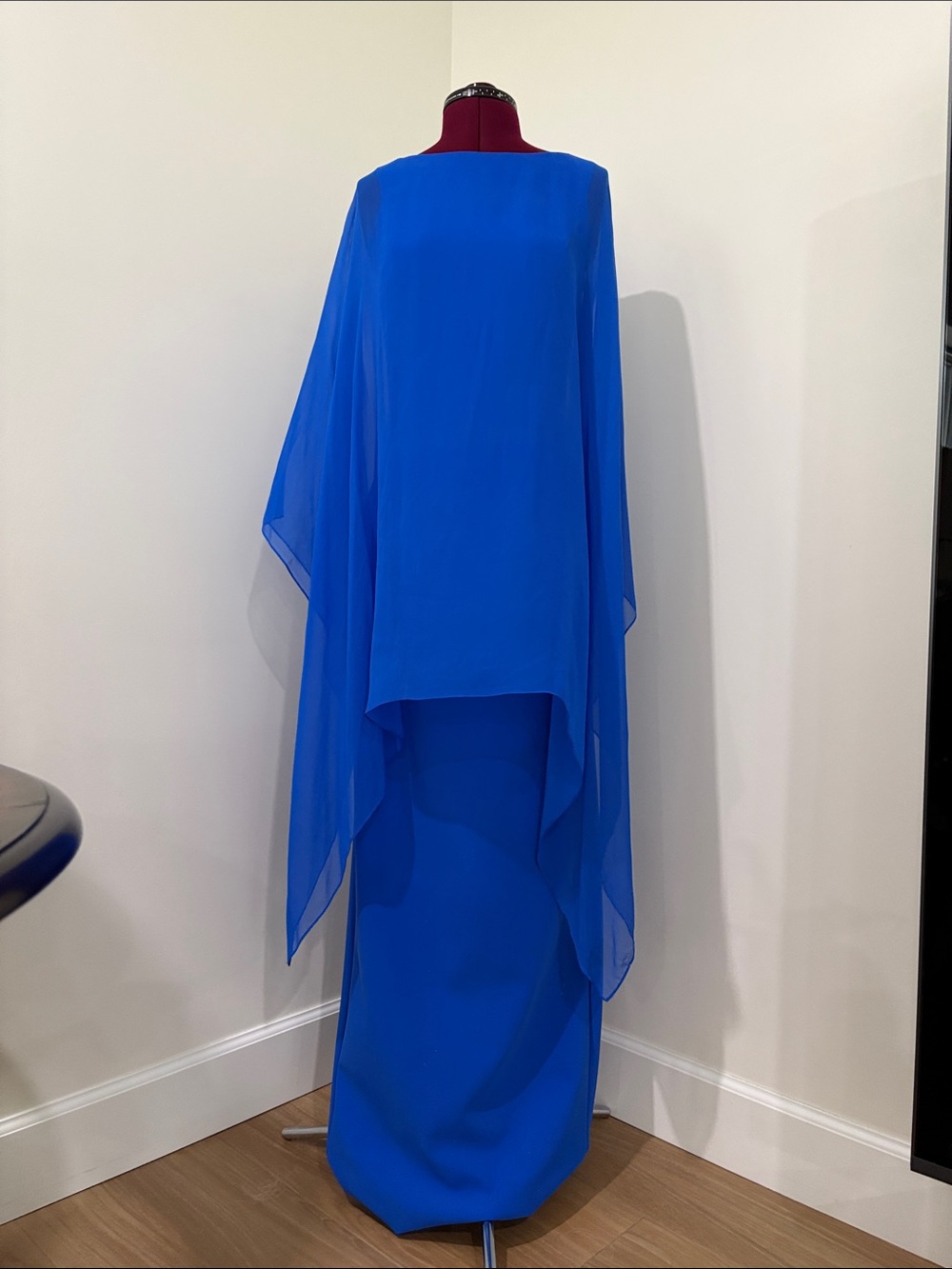 Elegant Royal Blue Maxi Dress with Sheer Cape
